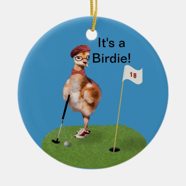 Humourous Bird Playing Golf, Customisable Text Ceramic Tree Decoration (Front)