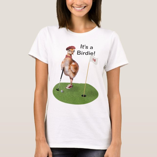 Humourous Bird Playing Golf, Customisable Text T-Shirt (Front)