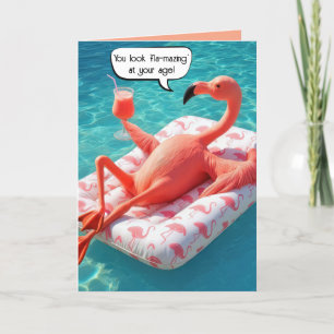 Humourous Birthday Flamingo Floating In a Pool Card