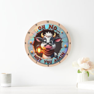 Humourous Cartoon Adorable Cow Funny Textual Art Large Clock