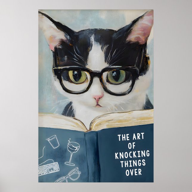 Humourous Cat Reading Poster Quirky Bathroom Wall (Front)