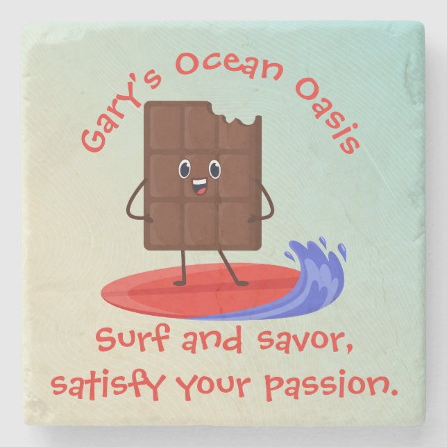 Humourous Chocolate Surfer with Surfboard Name Tex Stone Coaster (Front)