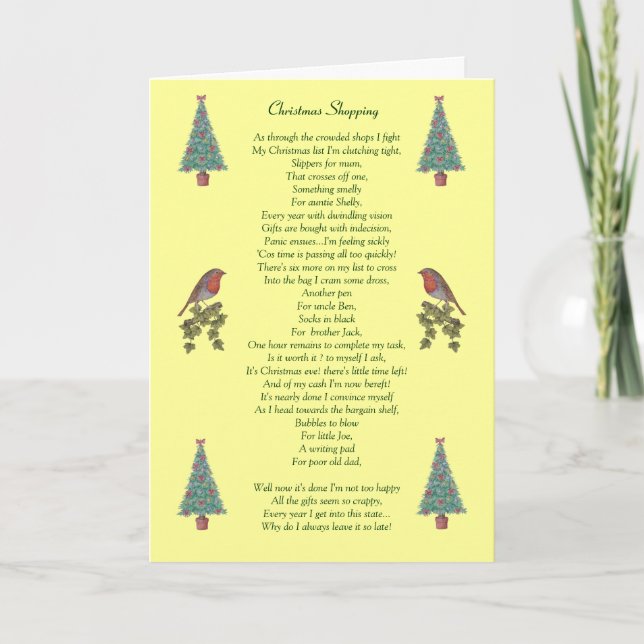 humourous christmas poem robin and xmas tree card (Front)