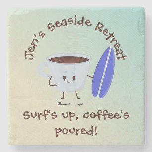 Humourous Coffee Surfer with Surfboard Name Text Stone Coaster