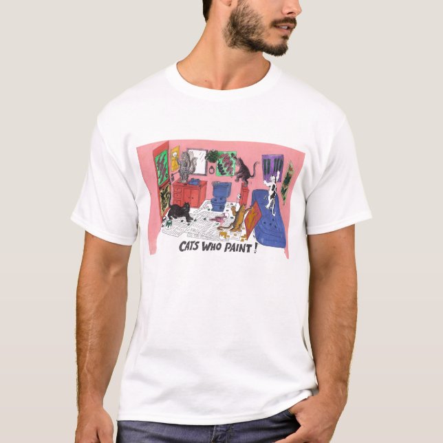 Humourous Colour Drawing of House Cats Who Paint T-Shirt (Front)