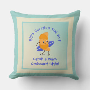 Humourous Croissant Surfer with Surfboard Name Tex Cushion