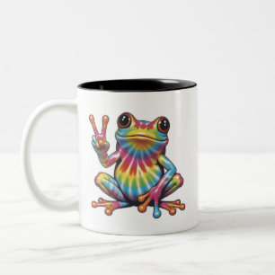 Humourous Frog Lover Tie-Dye Frog Peace Sign Hippi Two-Tone Coffee Mug