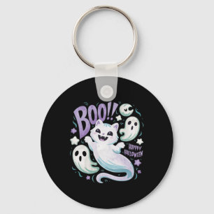 Humourous Ghost Cat Boo Kitty Halloween Key Ring