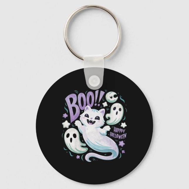 Humourous Ghost Cat Boo Kitty Halloween  Key Ring (Front)