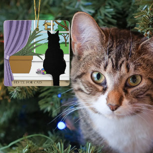 Humourous Green Curious Black Cat Window  Ceramic Ornament