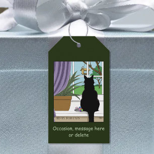 Humourous Green Curious Black Cat Window Gift Tags