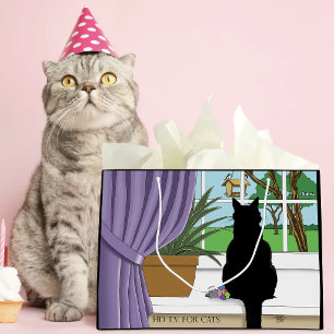 Humourous Green Curious Black Cat Window  Large Gift Bag