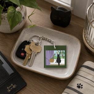Humourous Green Curious Black Cat Window logo Key Ring