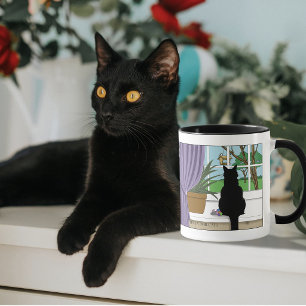 Humourous Green Curious Black Cat Window Mug