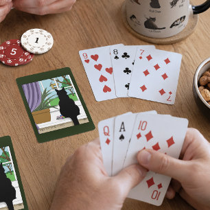 Humourous Green Curious Black Cat Window Playing Cards