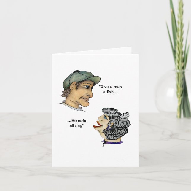 Humourous Guy fishing and Gal gardening Card (Front)