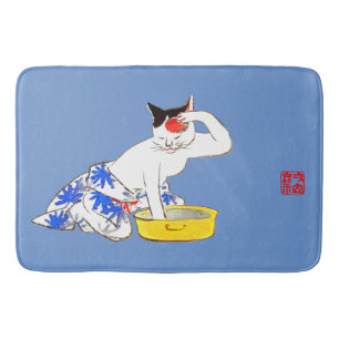 Humourous Japanese Cat Bathing I Bath Mat