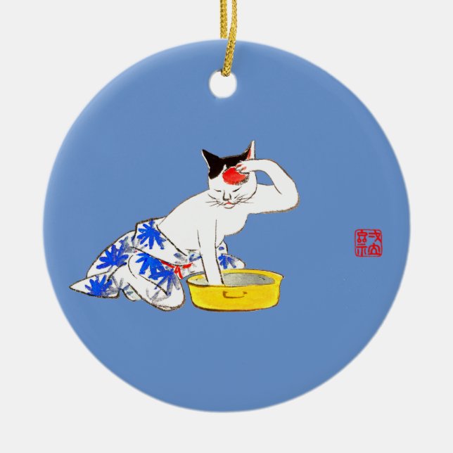 Humourous Japanese Cat Bathing I Ceramic Tree Decoration (Front)