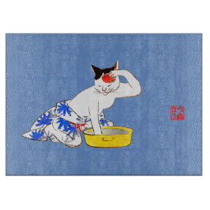 Humourous Japanese Cat Bathing I Cutting Board