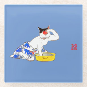 Humourous Japanese Cat Bathing I Glass Coaster