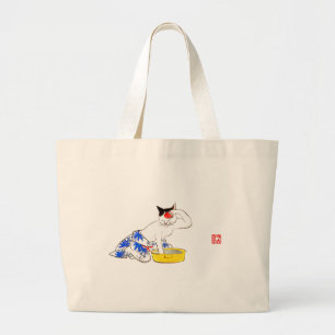 Humourous Japanese Cat Bathing I Large Tote Bag