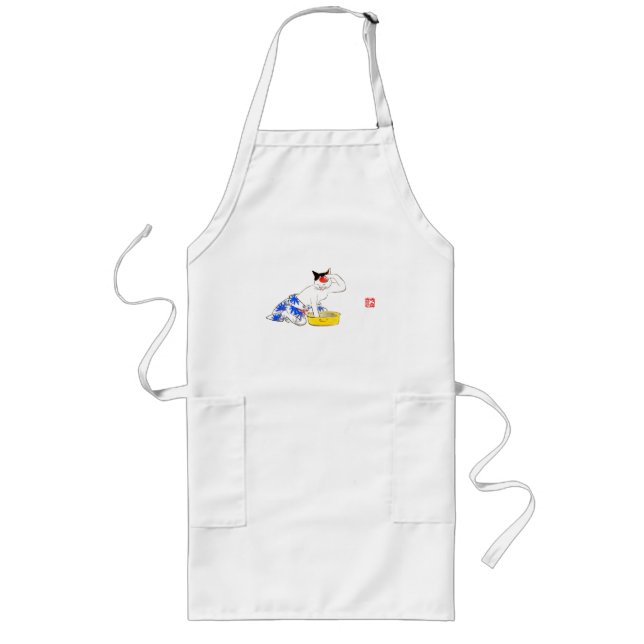 Humourous Japanese Cat Bathing I Long Apron (Front)
