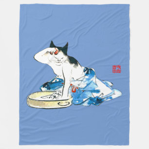 Humourous Japanese Cat Bathing II Fleece Blanket