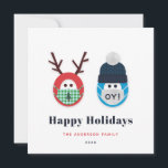 Humourous Masked Christmas and Hanukkah Holiday Card<br><div class="desc">Send some humour with this funny Christmas and Hanukkah themed holiday card. The design features a masked reindeer and character wearing a Star of David print winter hat and an "oy!" mask. Message,  name and year are customisable. Room for an optional text on the back.</div>