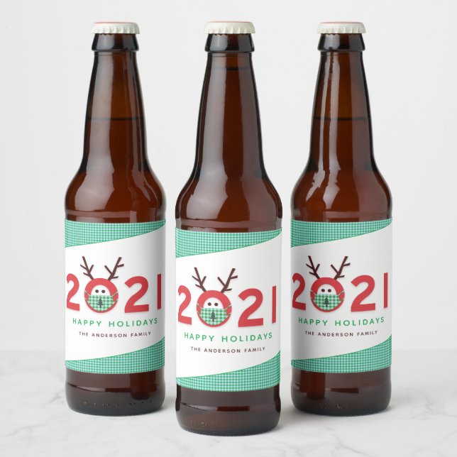 Humourous Masked Reindeer 2021 Custom Holiday Beer Bottle Label (Bottles)