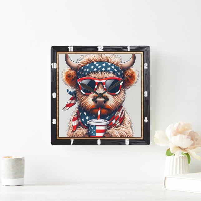 Humourous Patriotic Highland Cow Square Wall Clock (Home)