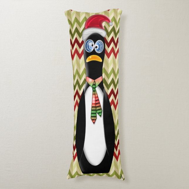 Humourous Santa Penguin on Red and Green Zig Zags Body Cushion (Front Vertical)