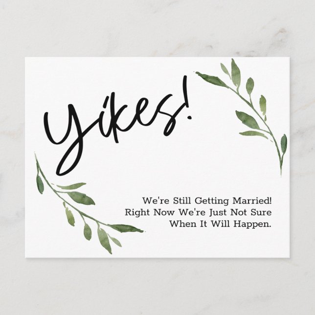 Humourous Simple Greenery Postponed Wedding Update Postcard (Front)