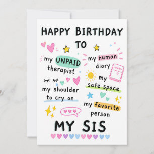 Humourous Sister Birthday Greeting Cute Birthday Thank You Card