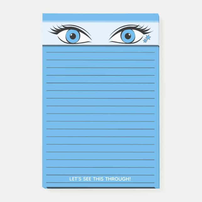 Humourous Steely Blue Eyes Staring Atop Lined Post-it Notes (Front)
