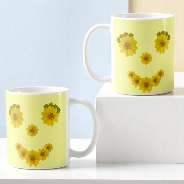 Humourous Sunshine Yellow Flowers Smile Face Coffee Mug (flower smile design on both sides of mug)