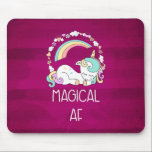Humourous Unicorn Magical AF on Dark Red Pattern Mouse Pad<br><div class="desc">A mousepad with a humourous design. A sleeping uncorn with a fancy mane and tail. Deocrated with a trio of stars stars. A rainbow arches overhead. A circle made up of clouds, hearts and flowers for additional girly flair. Typography says Magical AF. Humourous and cute. The background is a dark...</div>