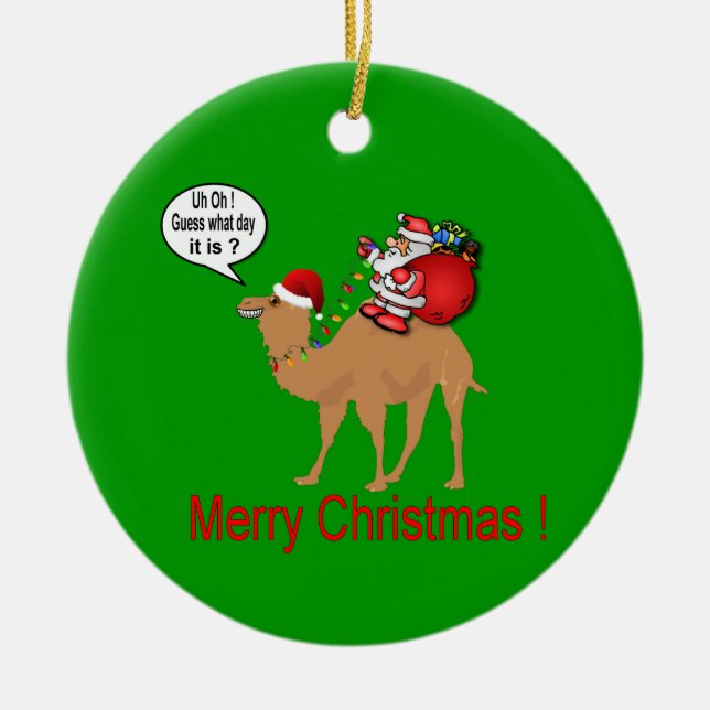 Hump Day Camel with Santa Claus Ceramic Tree Decoration (Front)