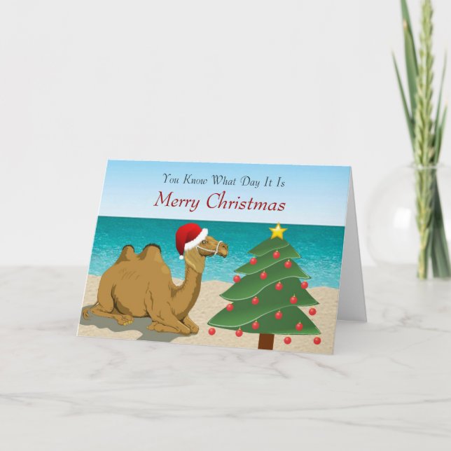 Hump Day Camel with Santa Hat Christmas Card (Front)