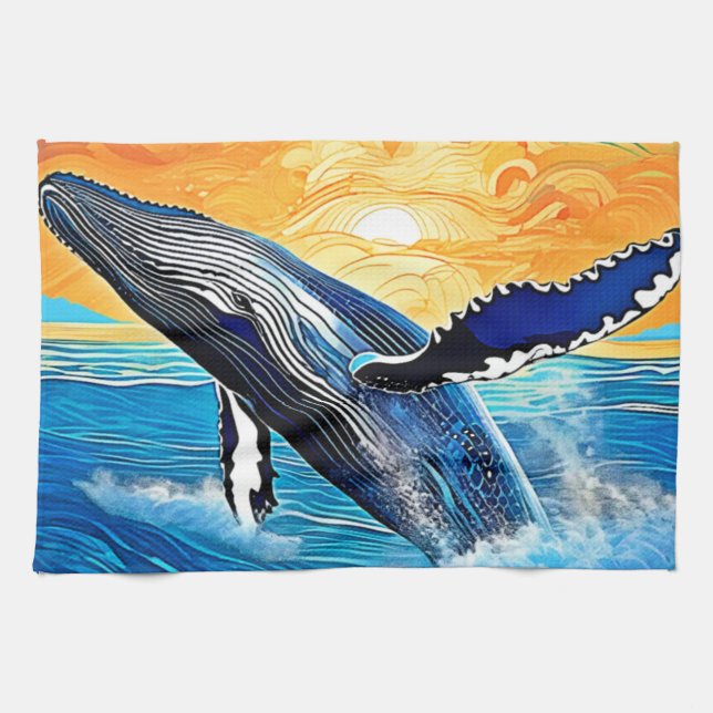 Humpback Sunset Leap Art Tea Towel (Horizontal)