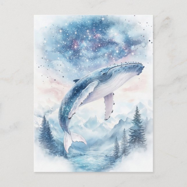 Humpback Whale Breaching over Misty Mountain Lake Postcard (Front)