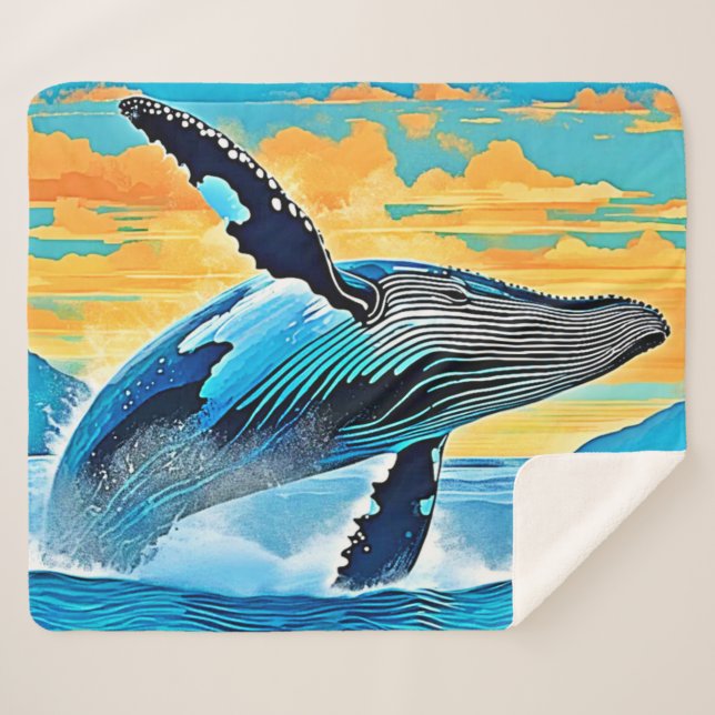 Humpback Whale Ocean Freedom Jump Design Sherpa Blanket (Front (Horizontal))