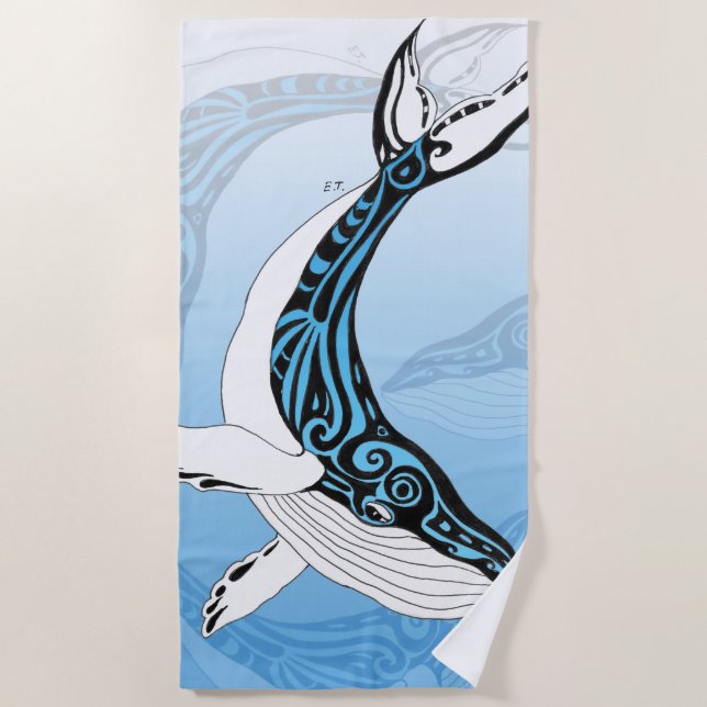 Humpback Whale Tribal Spirit Blue Art Beach Towel (Front)