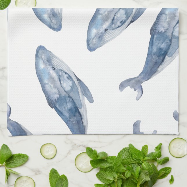 Humpback Whales in Watercolor Tea Towel (Folded)