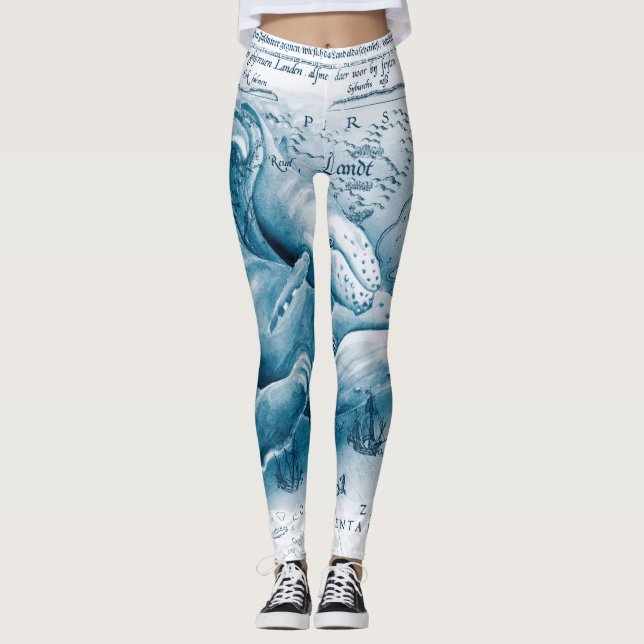 Humpbacks Blue Vintage Map Leggings (Front)
