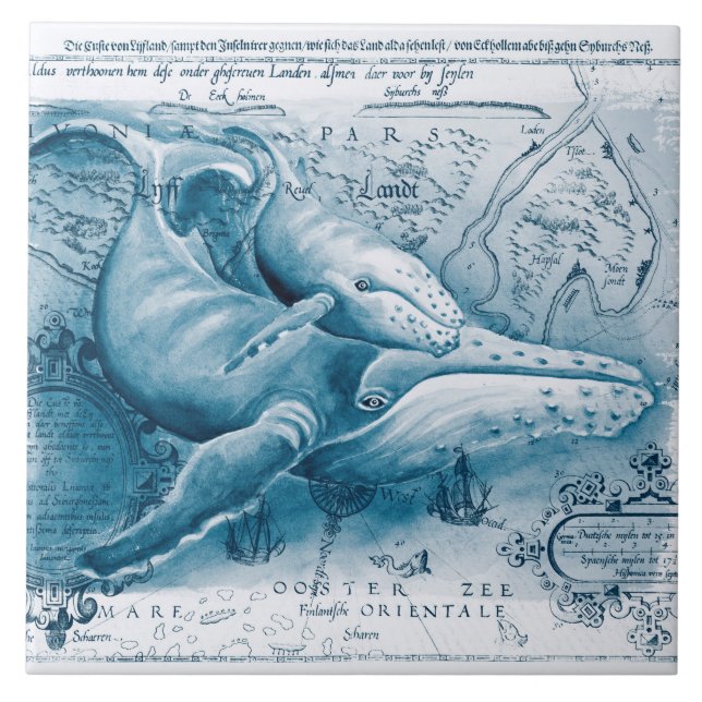 Humpbacks Blue Vintage Map Tile (Front)