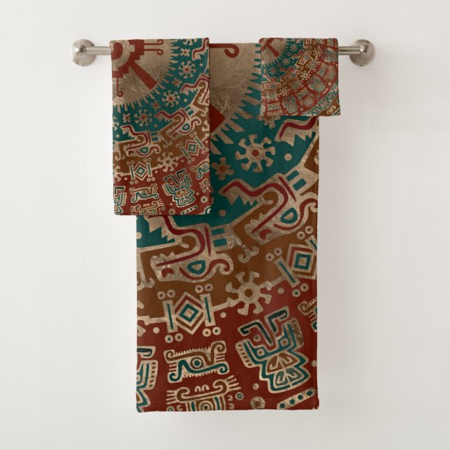 Hunab Ku Gold Red and Teal Bath Towel Set (Insitu)
