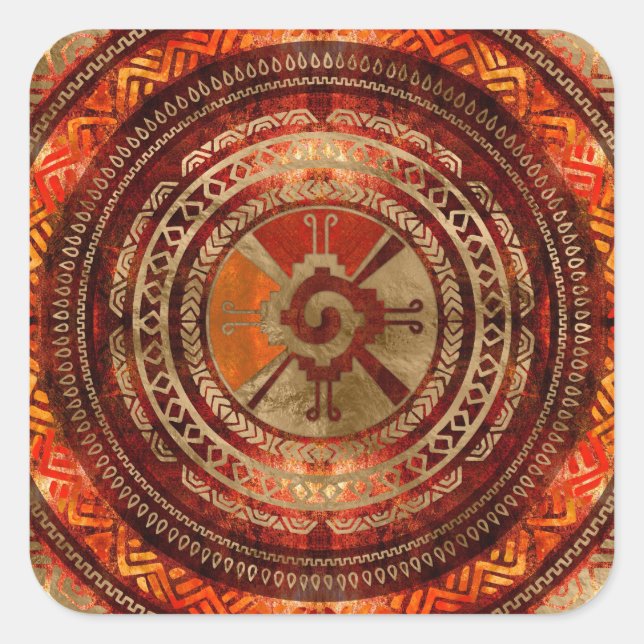 Hunab Ku Mayan symbol Burnt Orange and Gold Square Sticker (Front)