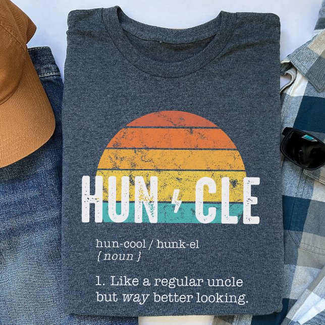 Huncle Definition Funny Uncle Gift Retro Sunset T-Shirt (Funny HUNCLE (like funcle) noun definition shirt for a fun handsome uncle heather dark gray t-shirt)