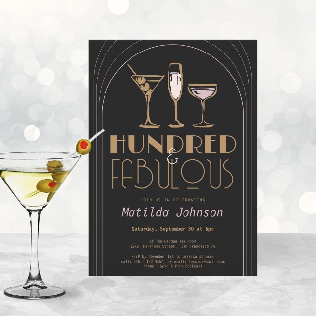 Hundred and Fabulous Cocktail Gold 100th Birthday Invitation (Mockup View)
