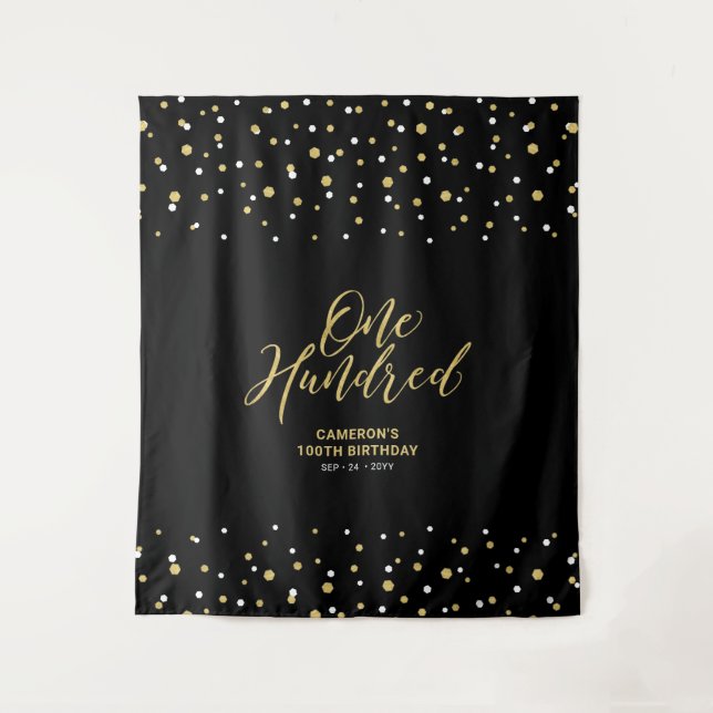 Hundred Gold & Black 100th Birthday Party Backdrop Tapestry (Front)